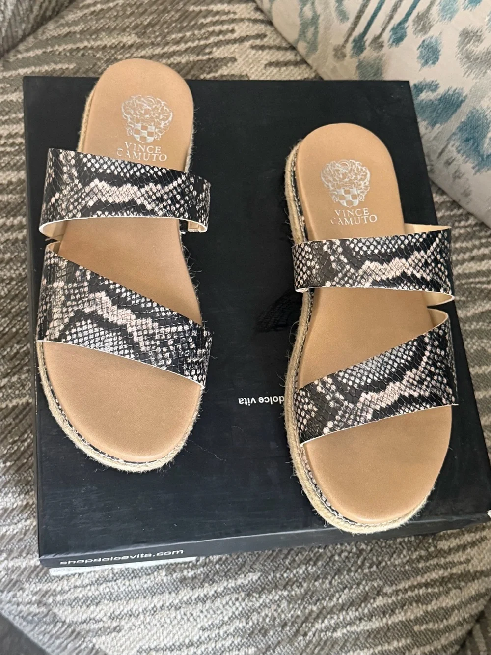 Vince Camuto Women’s Snake-Print Espadrille Slide Sandals in Black and Tan